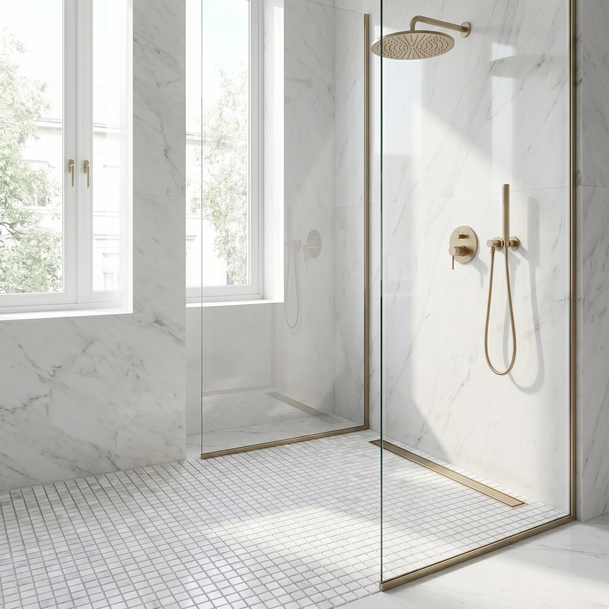 White Carrara honed 5/8 marble mosaic - walk-in shower floor