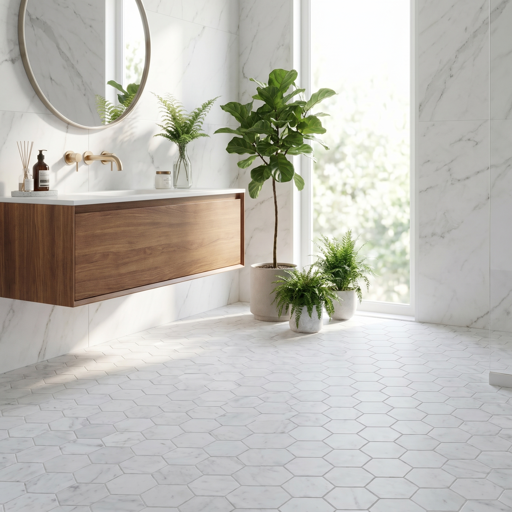 White Carrara honed 3 inch hexagon marble mosaic - bathroom floor