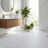 White Carrara honed 3 inch hexagon marble mosaic - bathroom floor