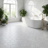White Carrara honed 5 inch hexagon marble mosaic - bathroom floor