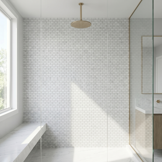White Carrara honed mini brick marble mosaic - walk-in shower wall