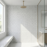 White Carrara honed mini brick marble mosaic - walk-in shower wall
