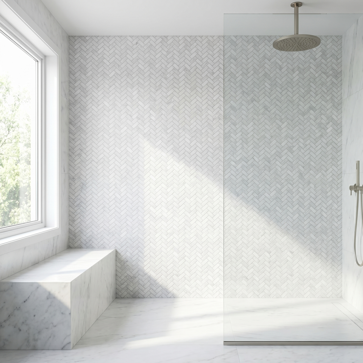 White Carrara honed mini herringbone marble mosaic - walk-in shower wall