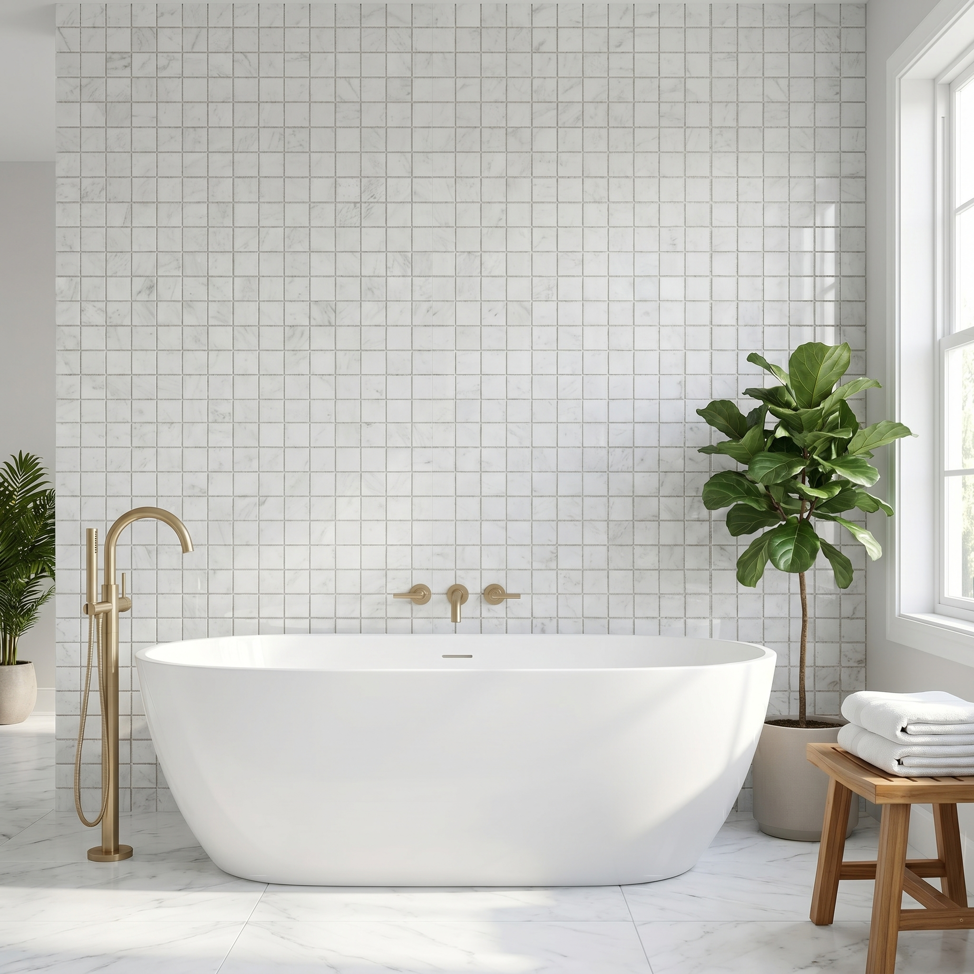 White Carrara polished 2x2 marble mosaic - bathroom feature wall