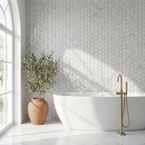 White Carrara polished 2 inch hexagon marble mosaic - bathroom feature wall