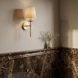 Dark Emperador polished chair rail molding - powder room wall border