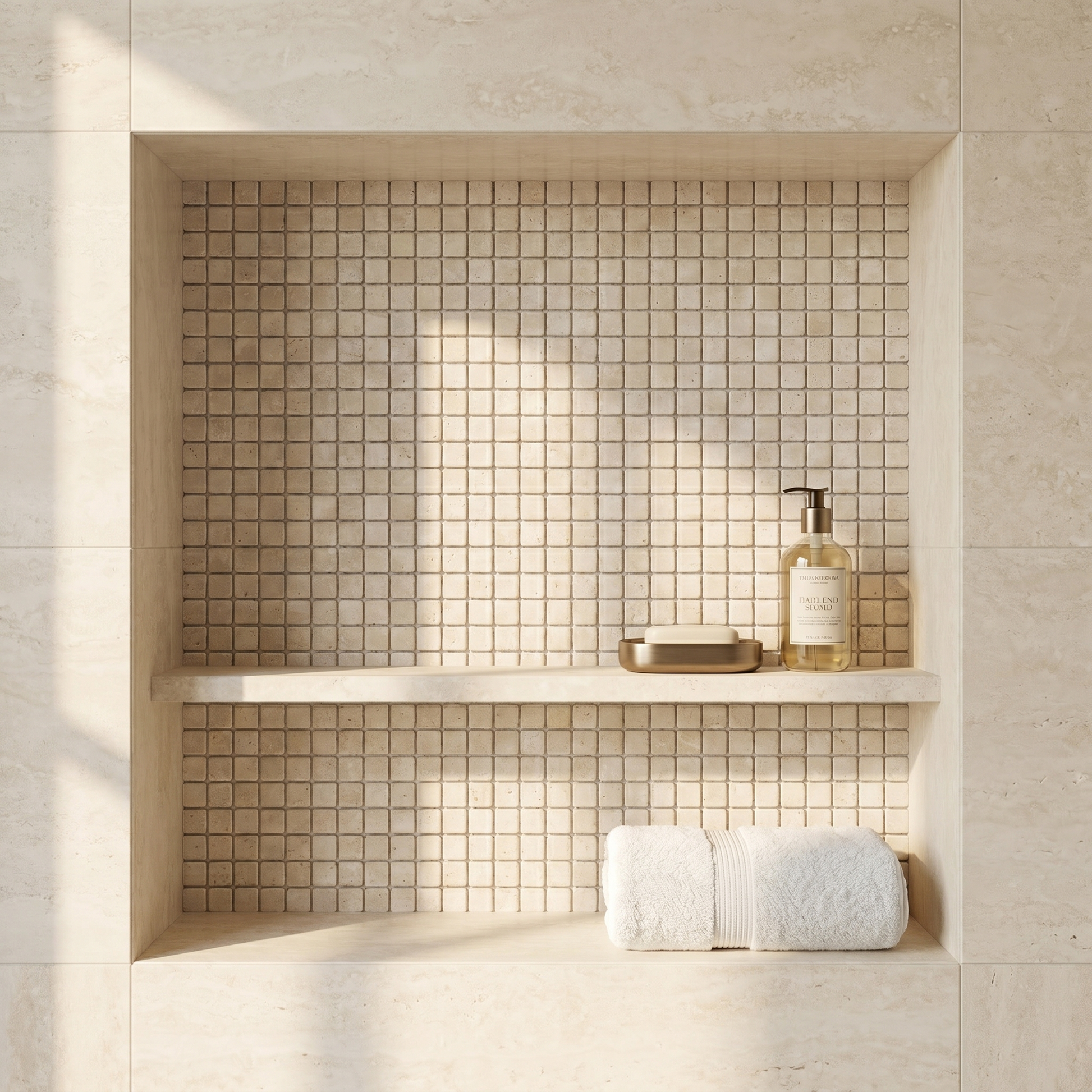 Ivory white travertine tumbled 5/8 mosaic - shower niche