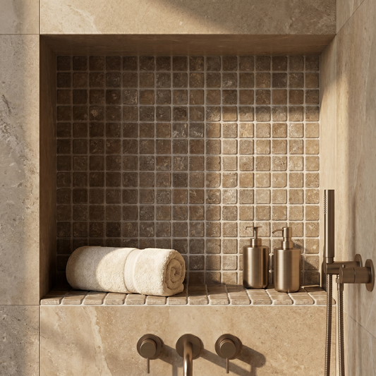 Noce travertine tumbled 5/8 mosaic - shower niche