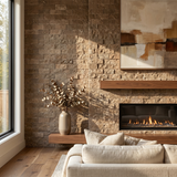 Noce travertine split face mosaic - living room fireplace wall