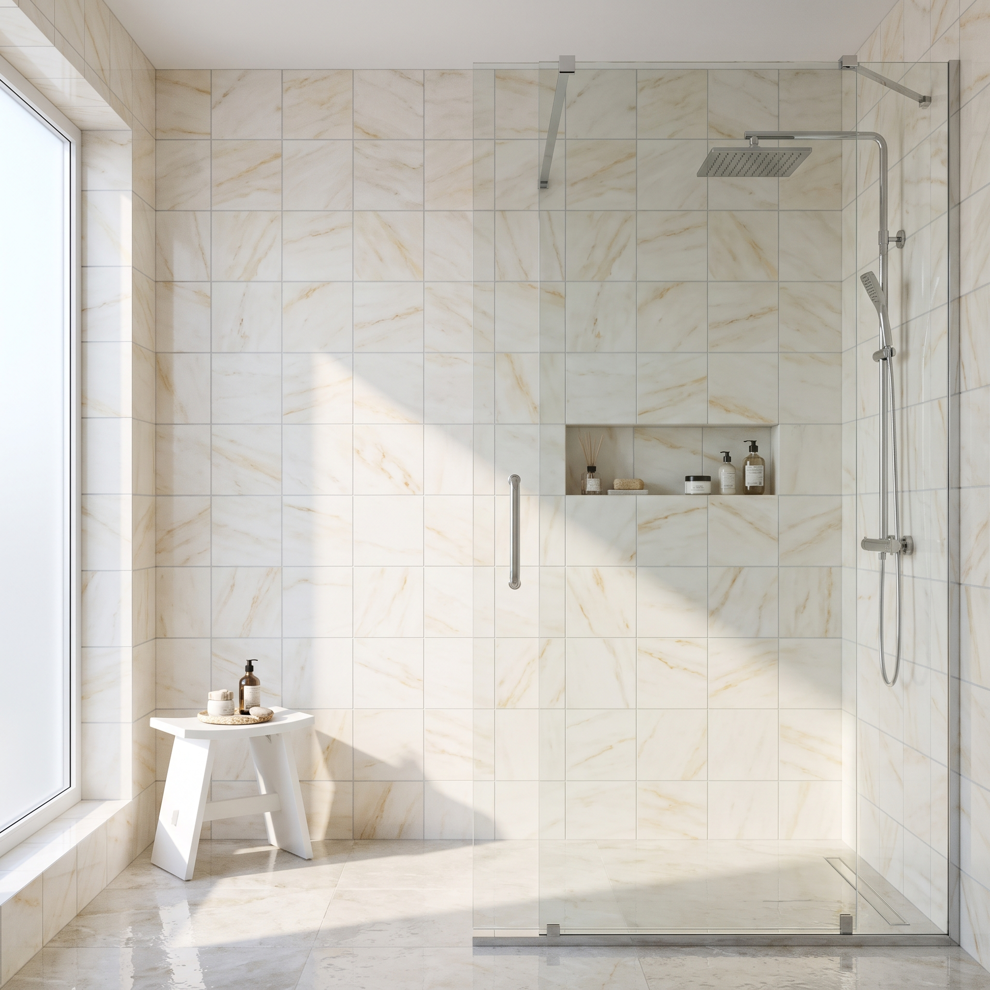Afyon Sugar white marble 4x4 tile in a luxury walk-in shower