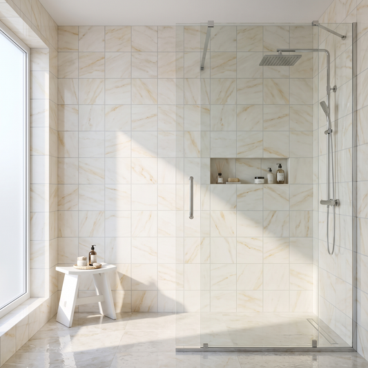 Afyon Sugar white marble 4x4 tile in a luxury walk-in shower