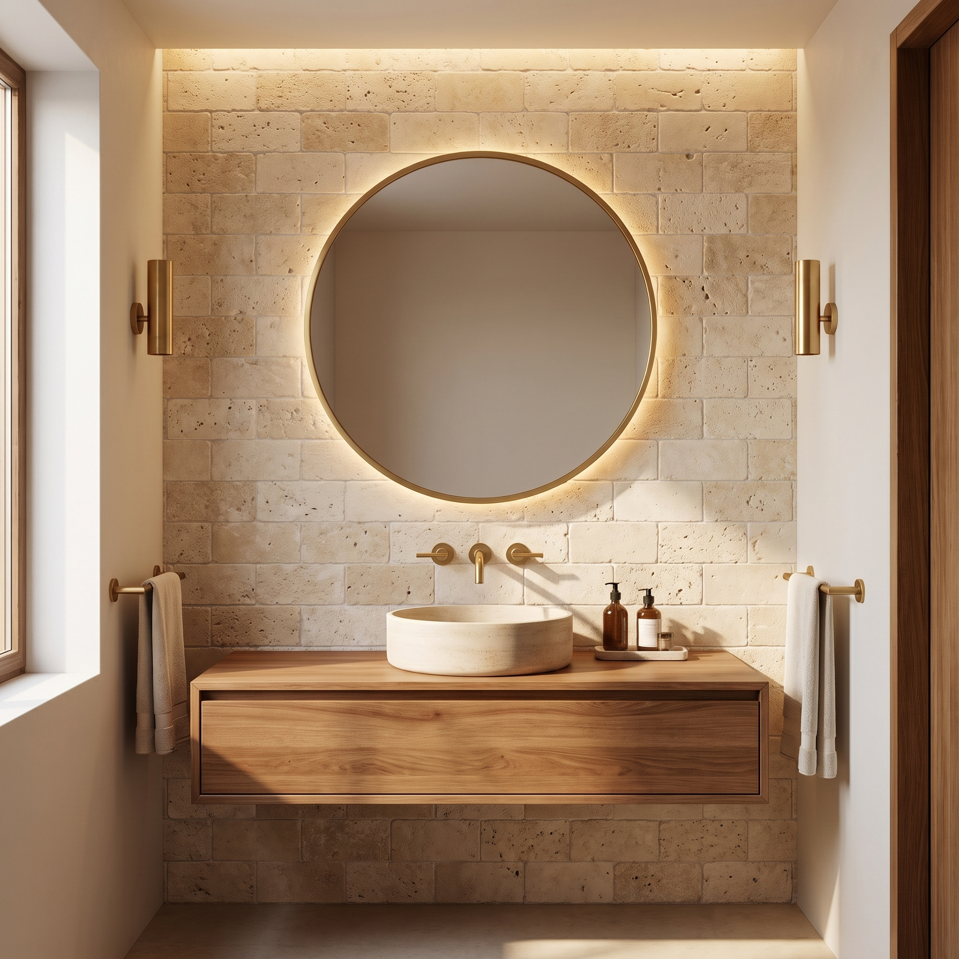 Ivory white travertine tumbled 3x6 tile shown on a bathroom accent wall