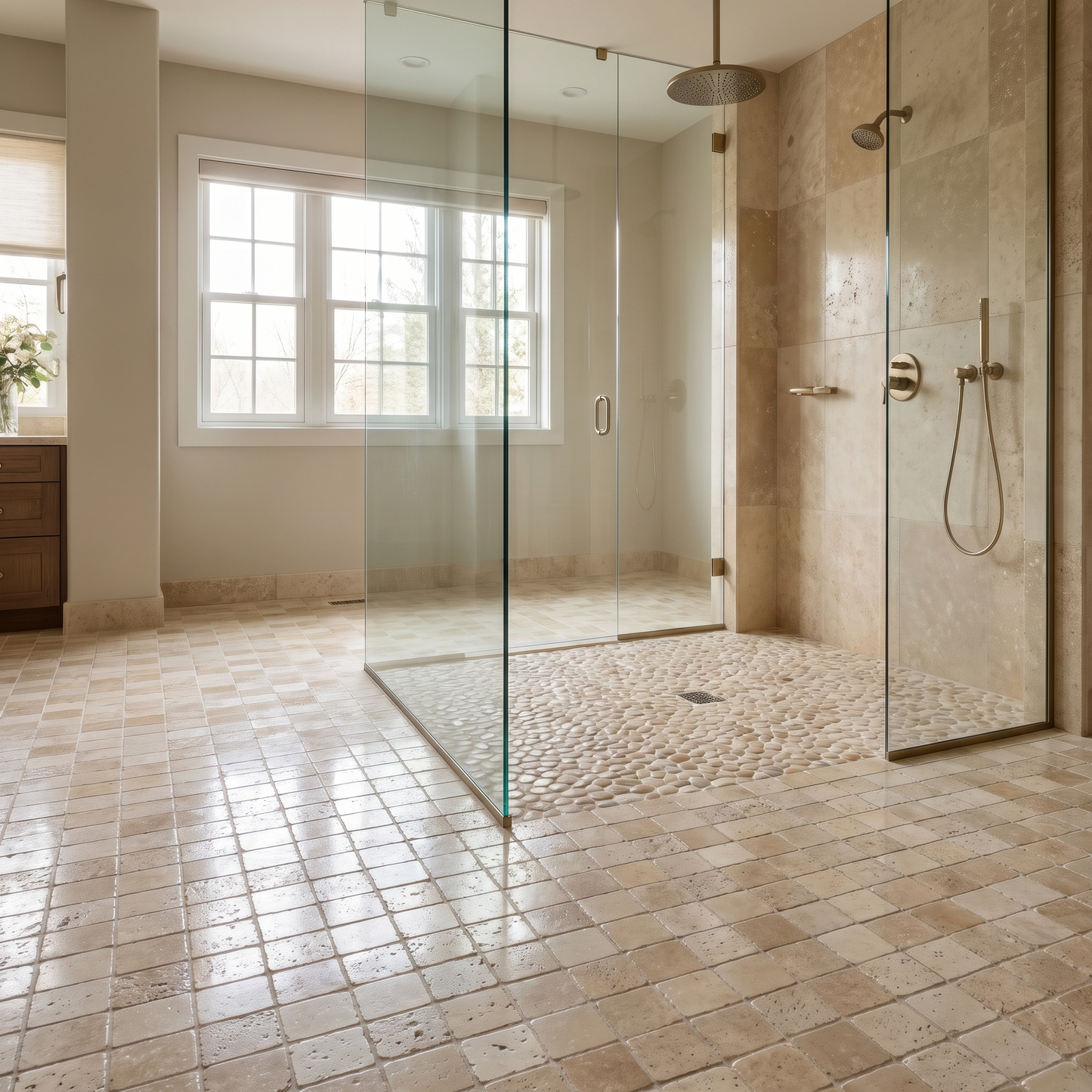 Ivory white travertine tumbled 4x4 tile shown on a spa shower floor
