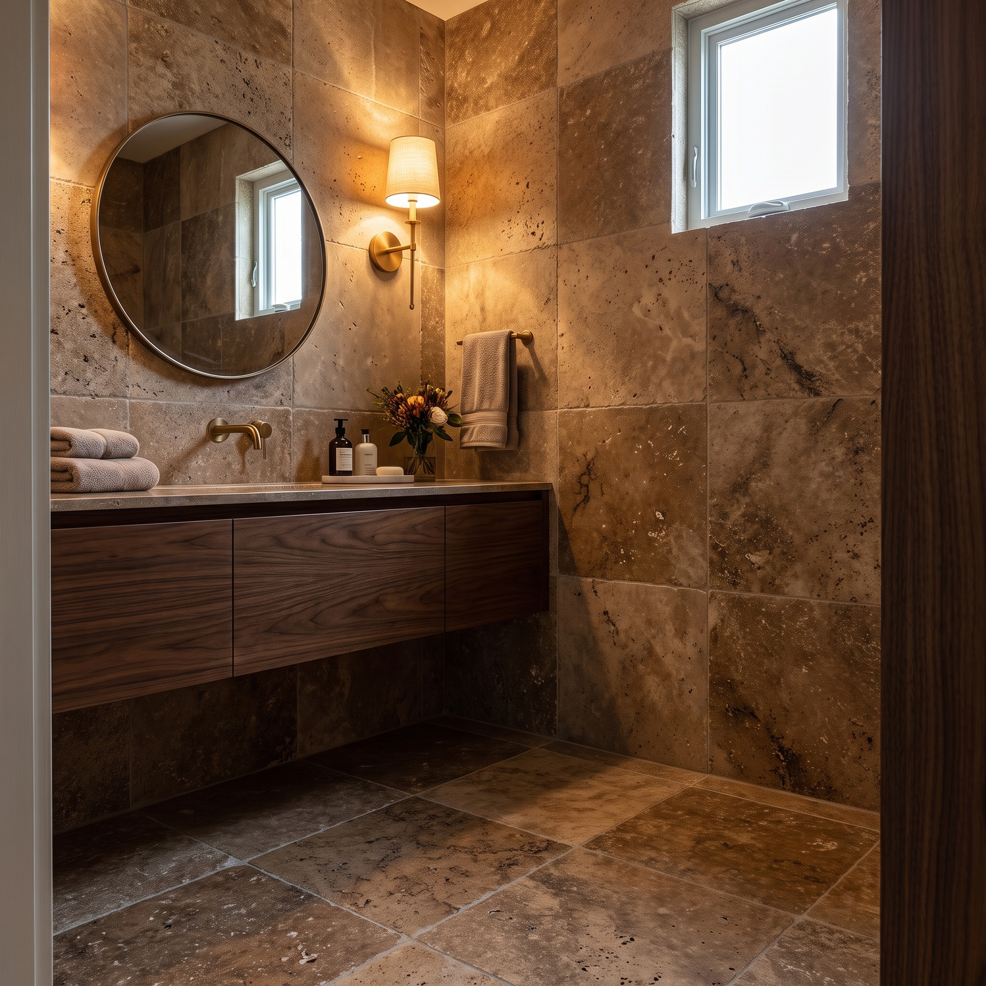 Noce travertine tumbled 4x4 tile shown in a powder room