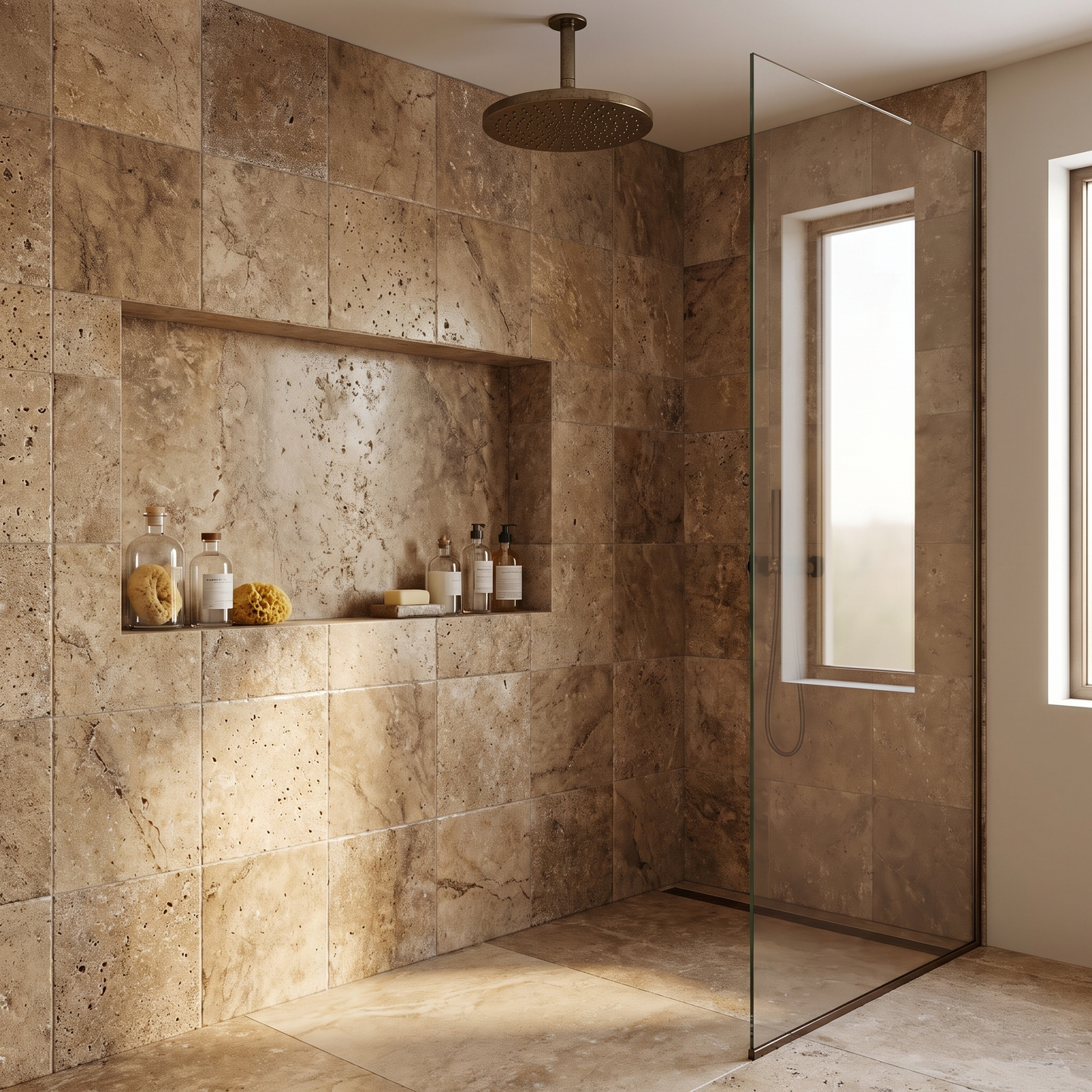 Noce travertine tumbled 6x6 tile shown on a walk-in shower wall