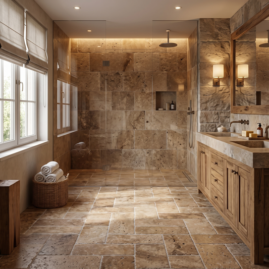 Noce travertine tumbled 6x12 tile shown on a bathroom floor