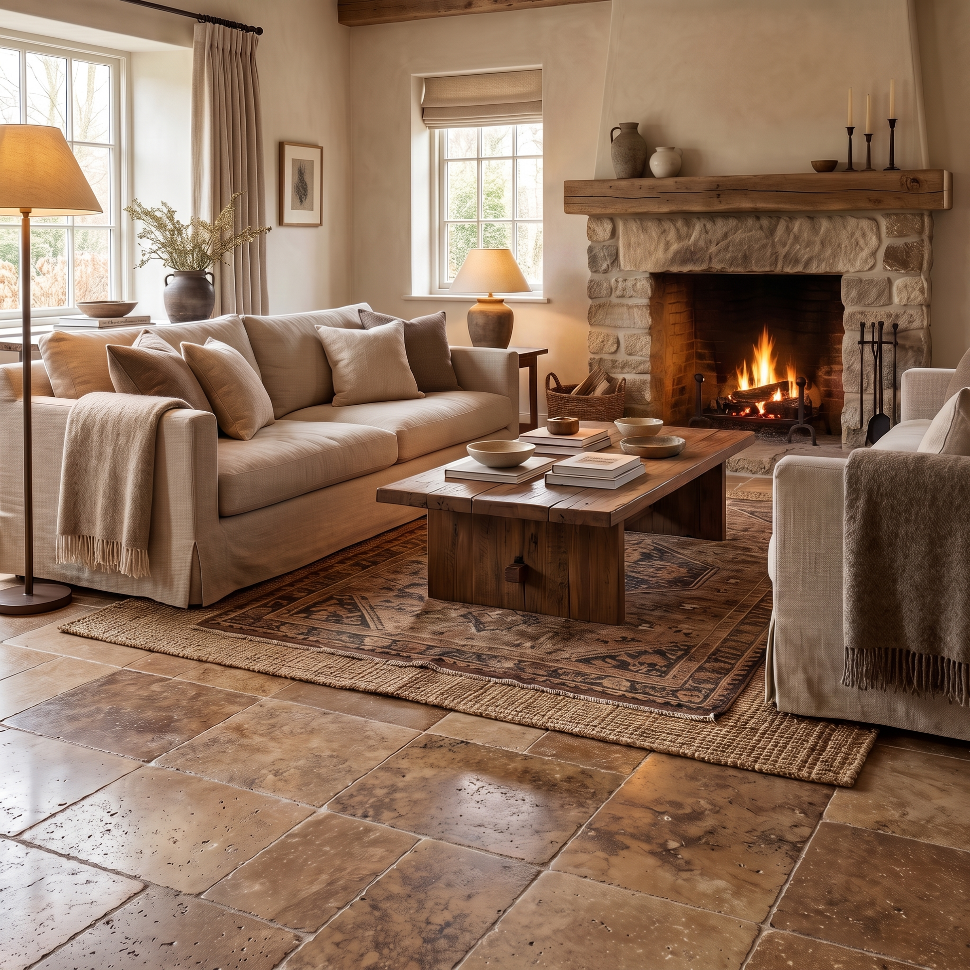 Noce travertine tumbled 12x12 tile shown in a living room