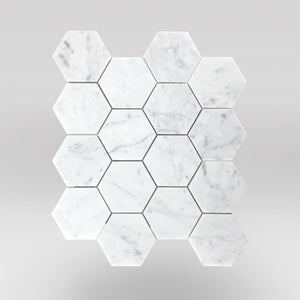 White Carrara Honed Hexagon 3" Marble Mosaic - BigAppleMarble.com