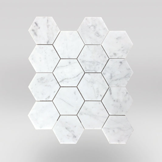 White Carrara Polished Hexagon 3" Marble Mosaic - BigAppleMarble.com