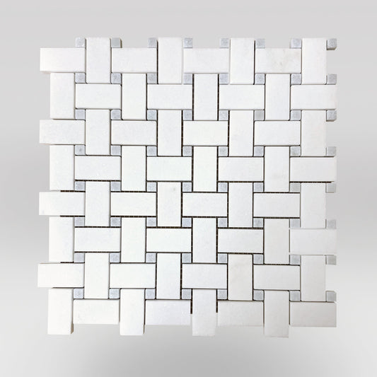 Thassos Polished Basket Weave with Blue Celeste Dots