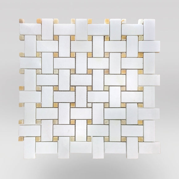 Thassos Polished Basket Weave with Honey ONYX Dots - BigAppleMarble.com