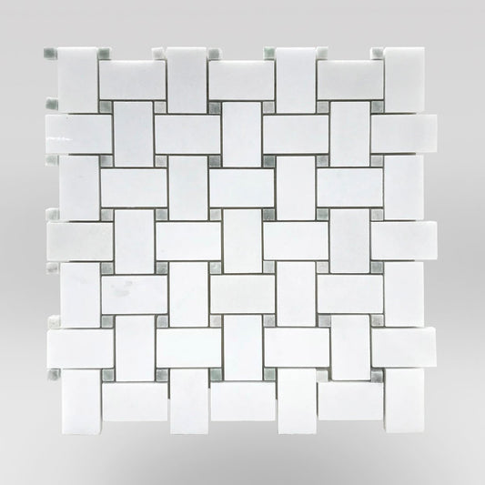 Thassos Polished Basket Weave with Ming Green Dots-BigAppleMarble.com