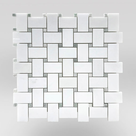 Thassos Polished Basket Weave with Ming Green Dots-BigAppleMarble.com