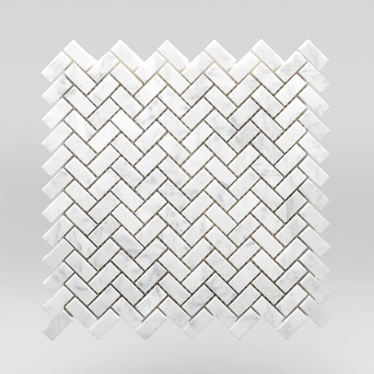 White Carrara Polished Mini Herringbone - BigAppleMarble.com