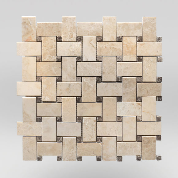 Cappuccino Polished Basket Weave with Light Emperador Dots | Marble Mosaic | BigAppleMarble.com