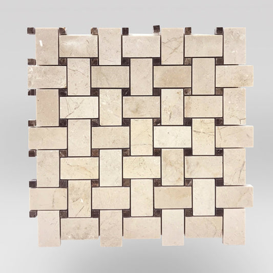 Crema Marfil Select Polished Basket Weave with Dark Emperador Dots