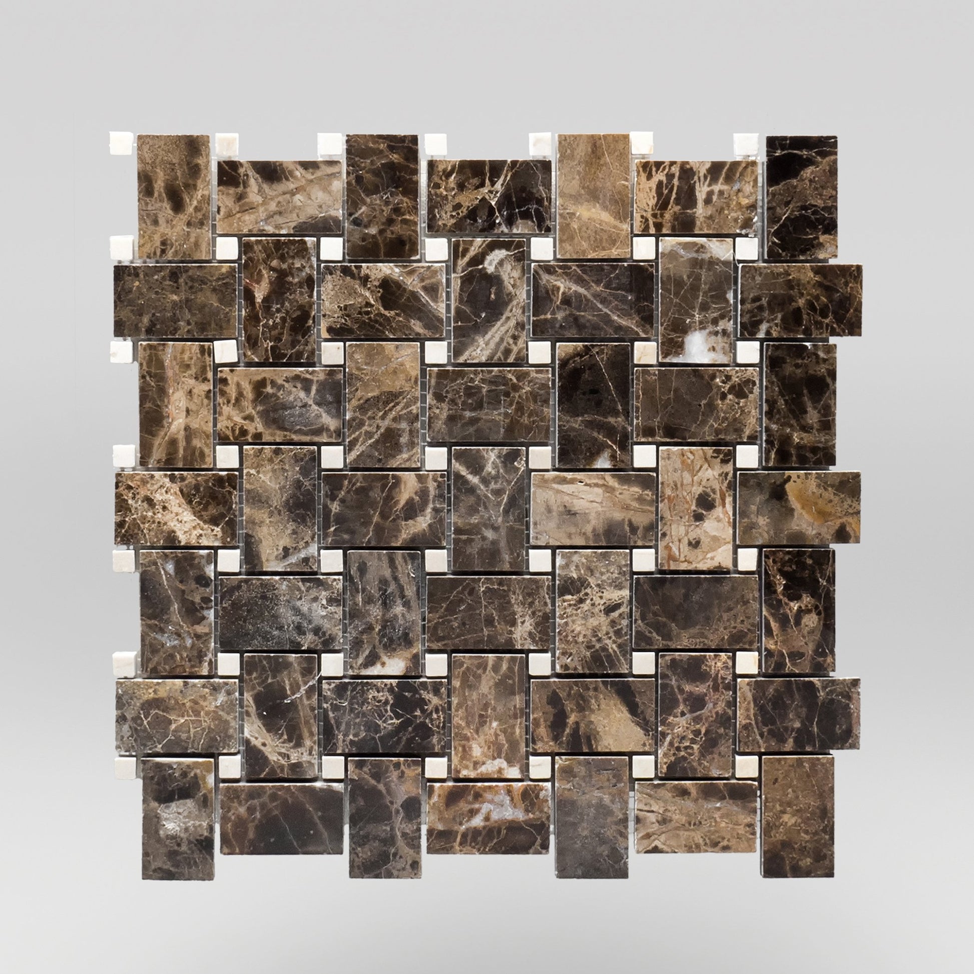 Dark Emperador Polished Basket Weave with Crema Marfil Dots | Marble Mosaic | BigAppleMarble.com