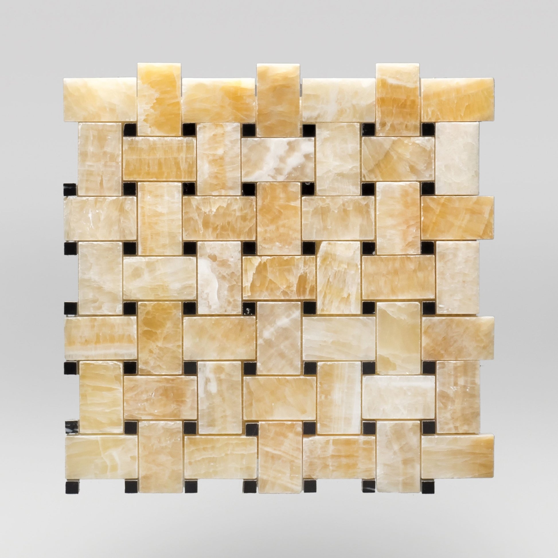 Honey Onyx Polished Basket Weave with Black Dots Marble Mosaic Basket Weave with Black Dots / Basket Weave with Black Dots BigAppleMarble.com