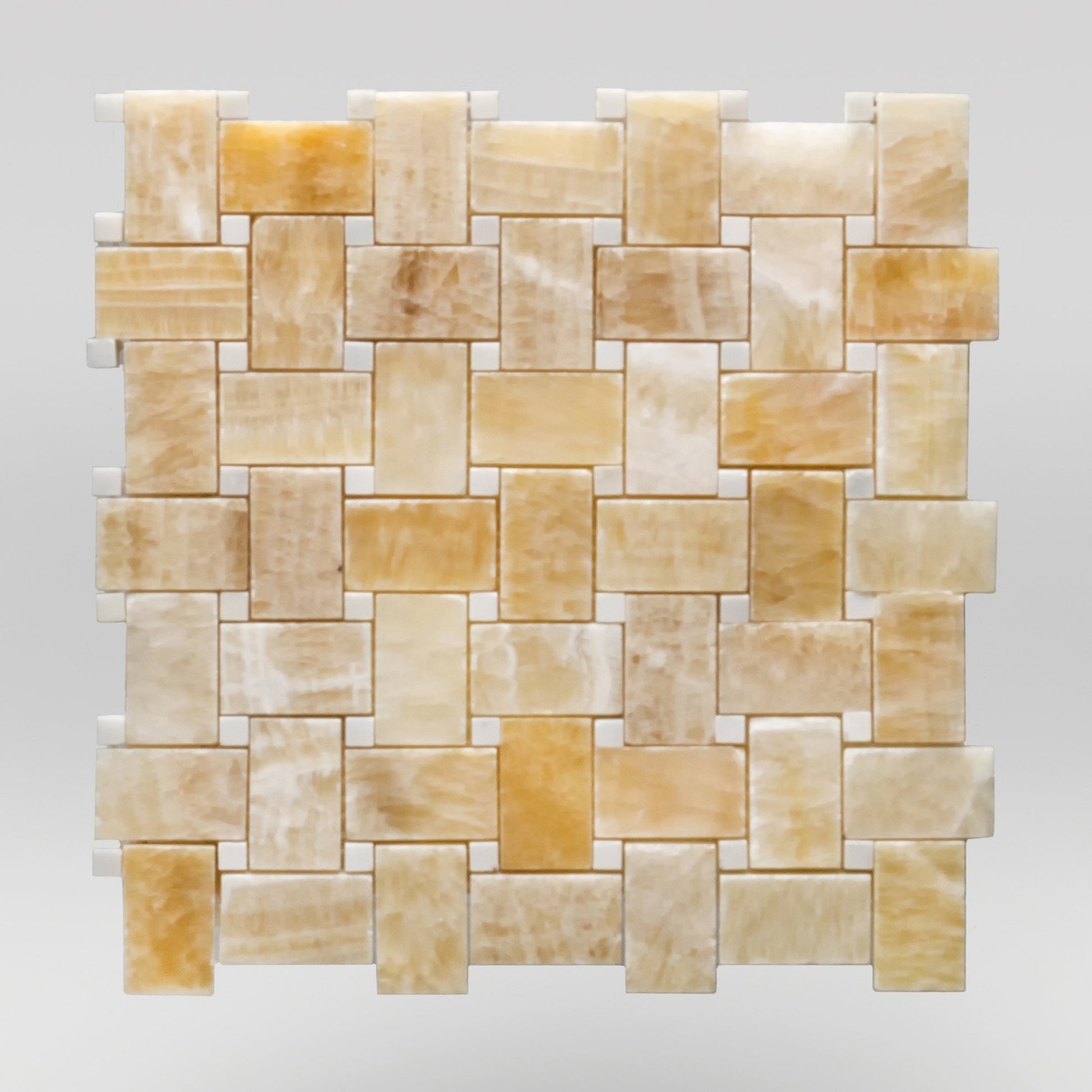 Honey Onyx Polished Basket Weave with White Dots Marble Mosaic Basket Weave with White Dots / Basket Weave with White Dots BigAppleMarble.com
