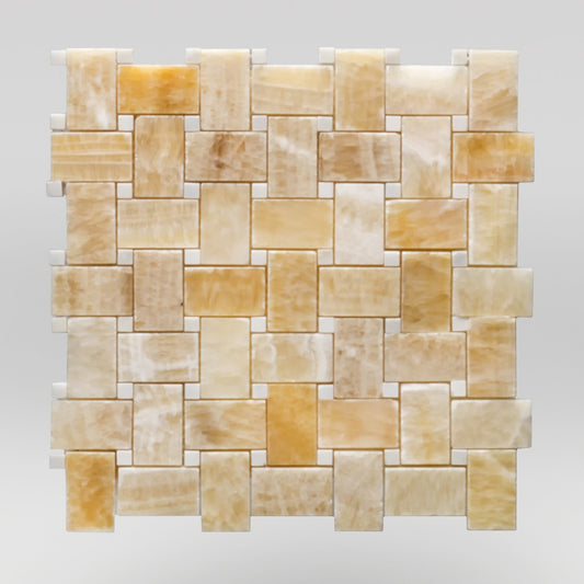 Honey Onyx Polished Basket Weave with White Dots Marble Mosaic Basket Weave with White Dots / Basket Weave with White Dots BigAppleMarble.com
