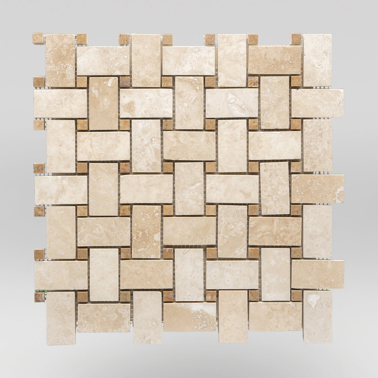 Ivory (White) Travertine Honed Basket Weave with Noce Travertine Dots Travertine Mosaic Basket Weave with Noce Travertine Dots / Honed / Basket Weave with Noce Travertine Dots BigAppleMarble.com