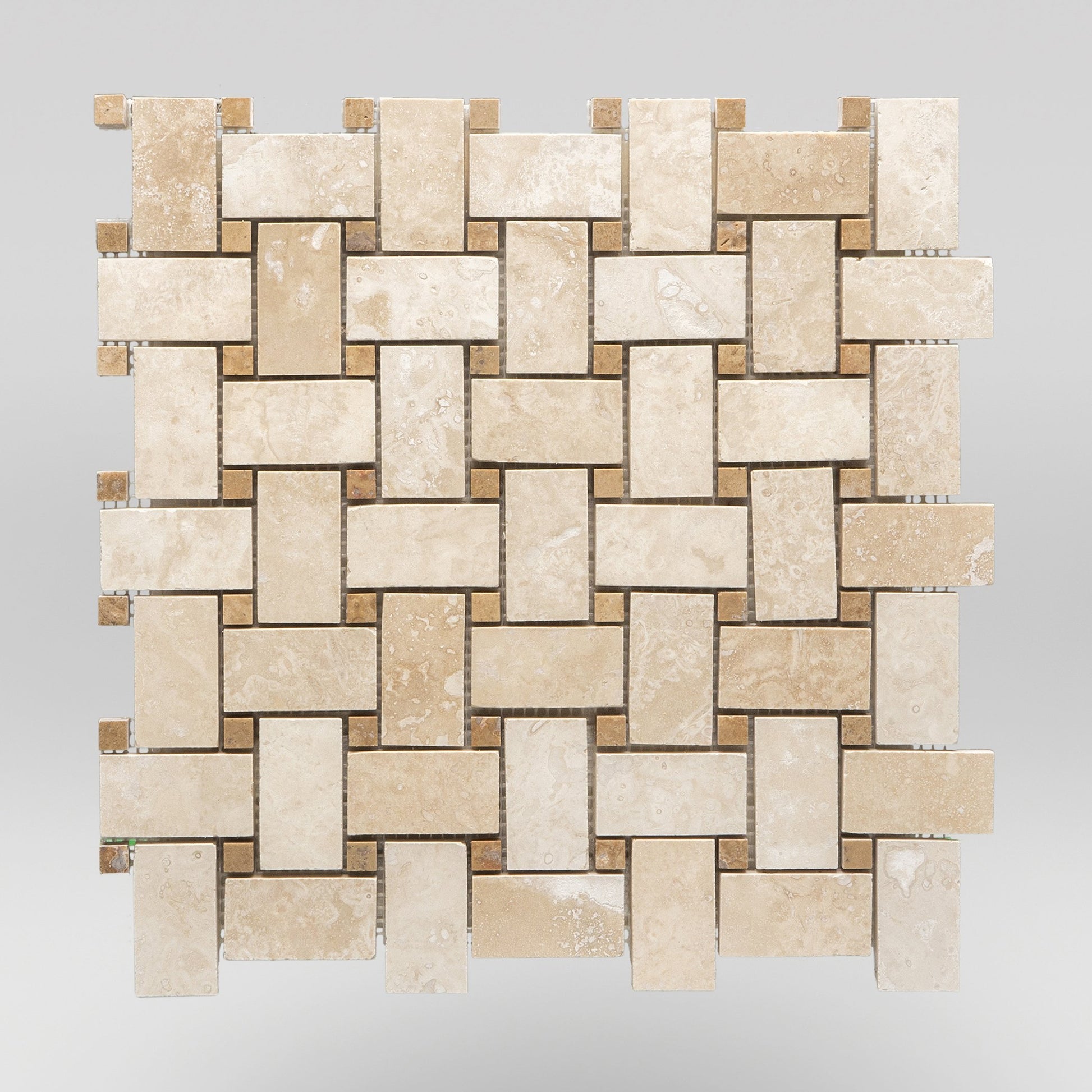 Ivory (White) Travertine Honed Basket Weave with Noce Travertine Dots Travertine Mosaic Basket Weave with Noce Travertine Dots / Honed / Basket Weave with Noce Travertine Dots BigAppleMarble.com