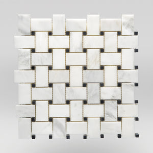 Oriental White/Eastern White Honed Basket Weave with Black Dots Marble Mosaic Basket Weave with Black Dots / Basket Weave with Black Dots / Polished BigAppleMarble.com