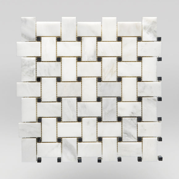 Oriental White/Eastern White Polished Basket Weave with Black Dots Marble Mosaic Basket Weave with Black Dots / Basket Weave with Black Dots / Polished BigAppleMarble.com
