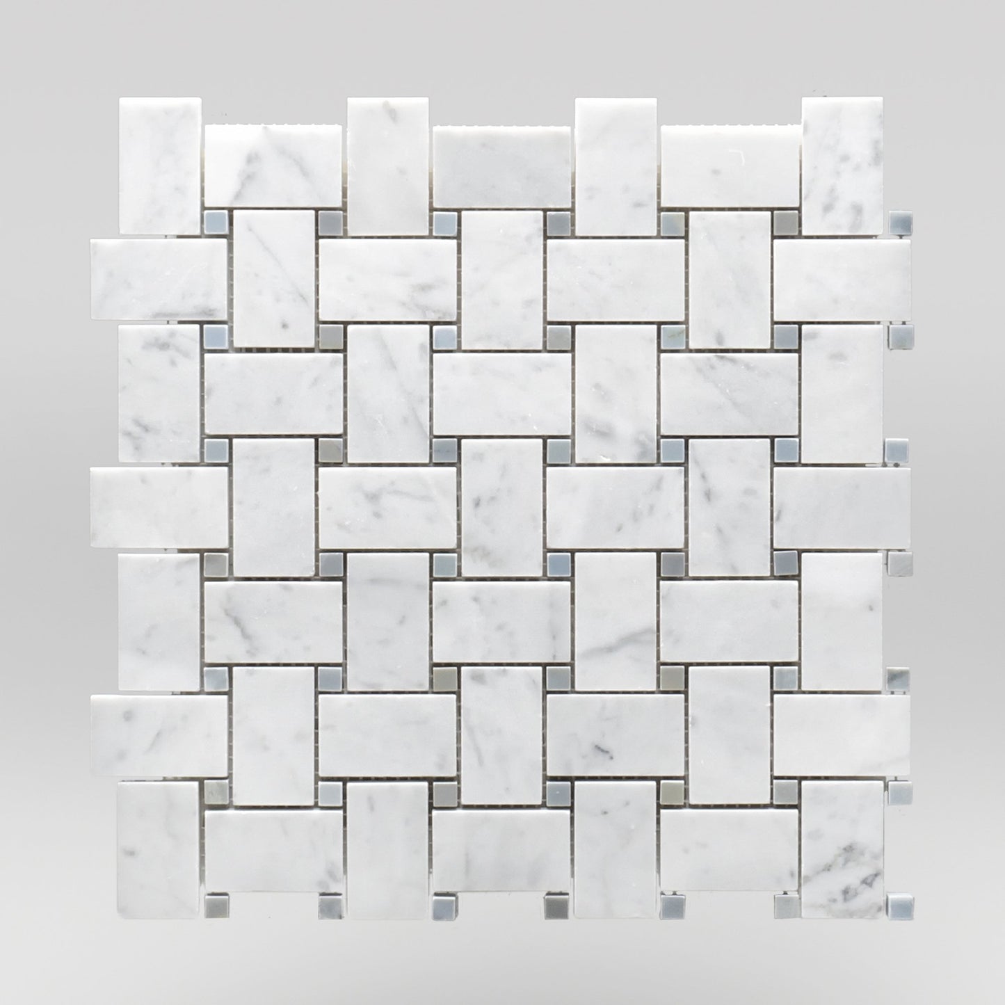 White Carrara Honed Basket Weave with Bardiglio Dots Marble Mosaic Basket Weave with Bardiglio Dots / Basket Weave with Bardiglio Dots / Honed BigAppleMarble.com