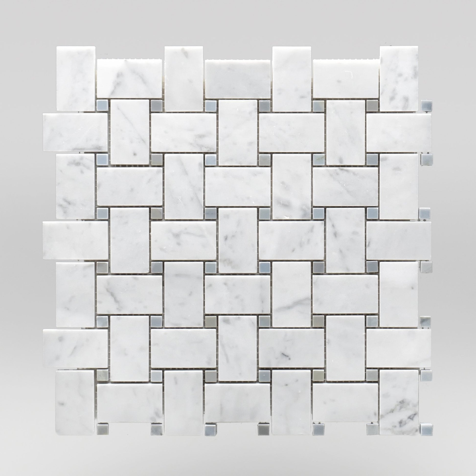 White Carrara Honed Basket Weave with Bardiglio Dots Marble Mosaic Basket Weave with Bardiglio Dots / Basket Weave with Bardiglio Dots / Honed BigAppleMarble.com
