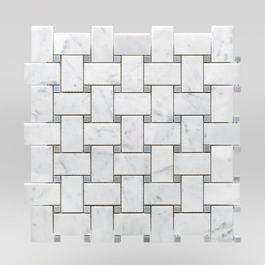 White Carrara Honed Basket Weave with Bardiglio Dots Marble Mosaic Basket Weave with Bardiglio Dots / Basket Weave with Bardiglio Dots / Honed BigAppleMarble.com