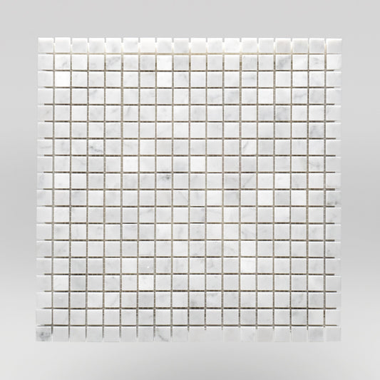 White Carrara Polished 5/8"x5/8" Marble Mosaic 1"x1" / Square / Polished BigAppleMarble.com