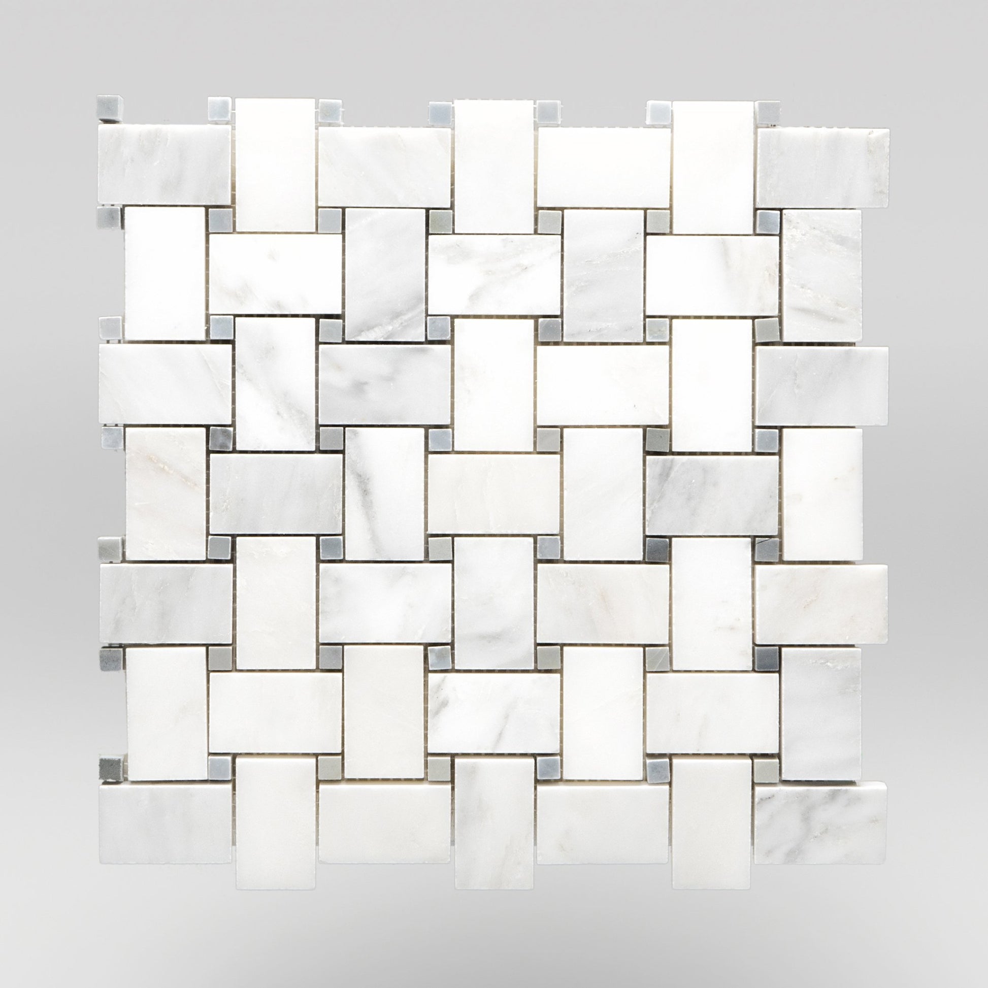 White Carrara Polished Basket Weave with Bardiglio Dots Marble Mosaic Basket Weave with Bardiglio Dots / Basket Weave with Bardiglio Dots / Polished BigAppleMarble.com