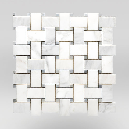 White Carrara Polished Basket Weave with Bardiglio Dots Marble Mosaic Basket Weave with Bardiglio Dots / Basket Weave with Bardiglio Dots / Polished BigAppleMarble.com