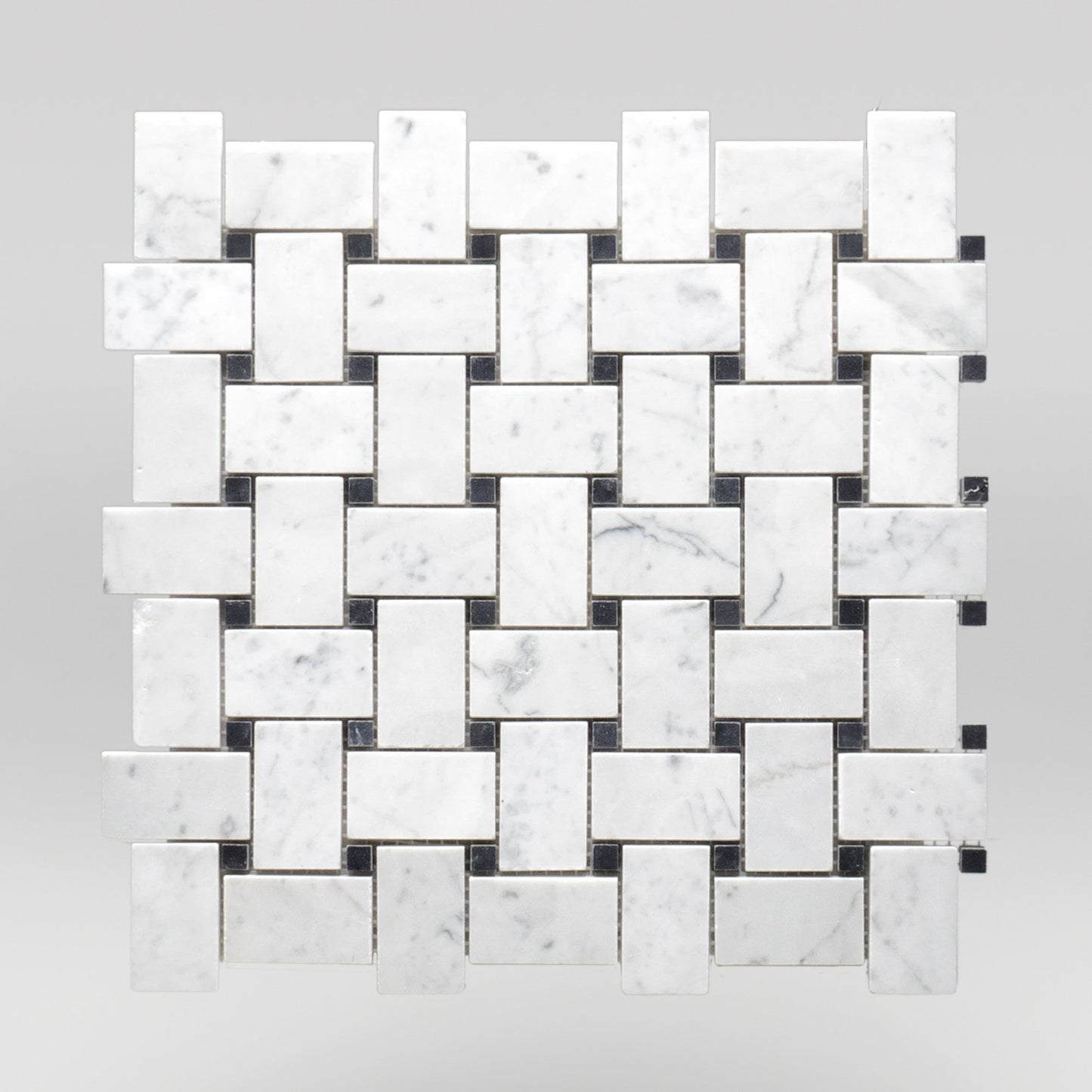 White Carrara Polished Basket Weave with Black Dots Marble Mosaic Basket Weave with Black Dots / Basket Weave with Black Dots / Polished BigAppleMarble.com