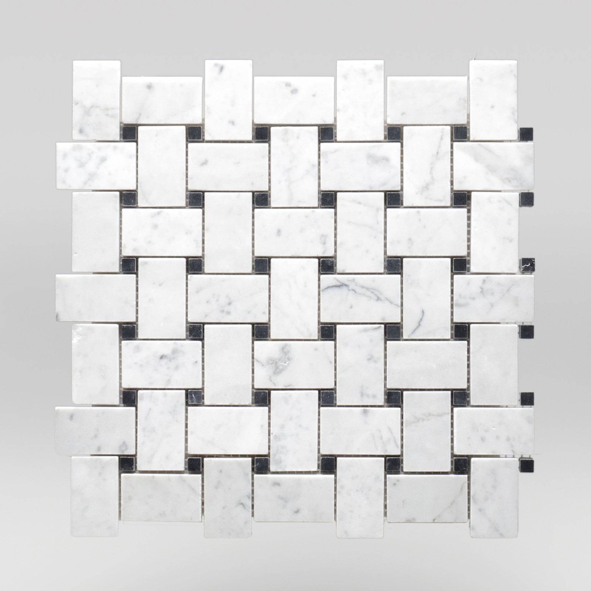 White Carrara Polished Basket Weave with Black Dots Marble Mosaic Basket Weave with Black Dots / Basket Weave with Black Dots / Polished BigAppleMarble.com