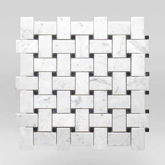 White Carrara Polished Basket Weave with Black Dots Marble Mosaic Basket Weave with Black Dots / Basket Weave with Black Dots / Polished BigAppleMarble.com