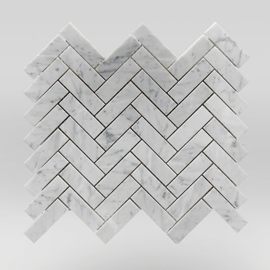 White Carrara Polished Herringbone 1"x3" Marble Mosaic 1"x3" / Herringbone / Polished BigAppleMarble.com
